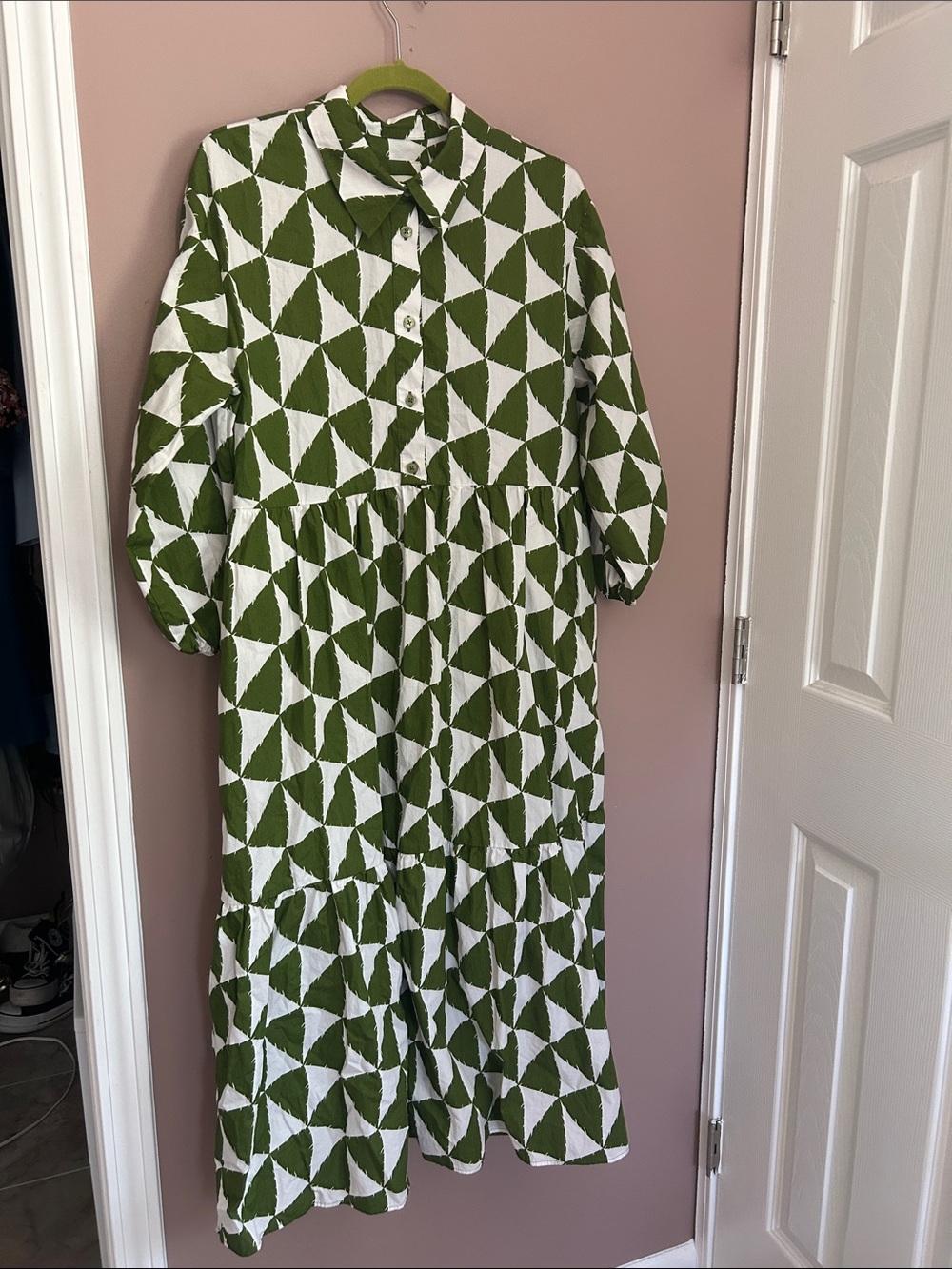 Anthropologie Maeve The Bettina Tiered Shirt Dress Green Geometric Boho Size L - Picture 6 of 10
